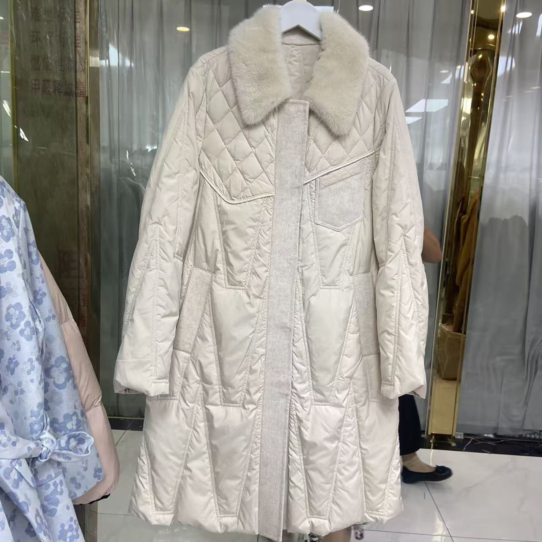 冬季新款轻奢水貂毛领鹅绒服双面呢拼接中长款羽绒服女款大衣外套