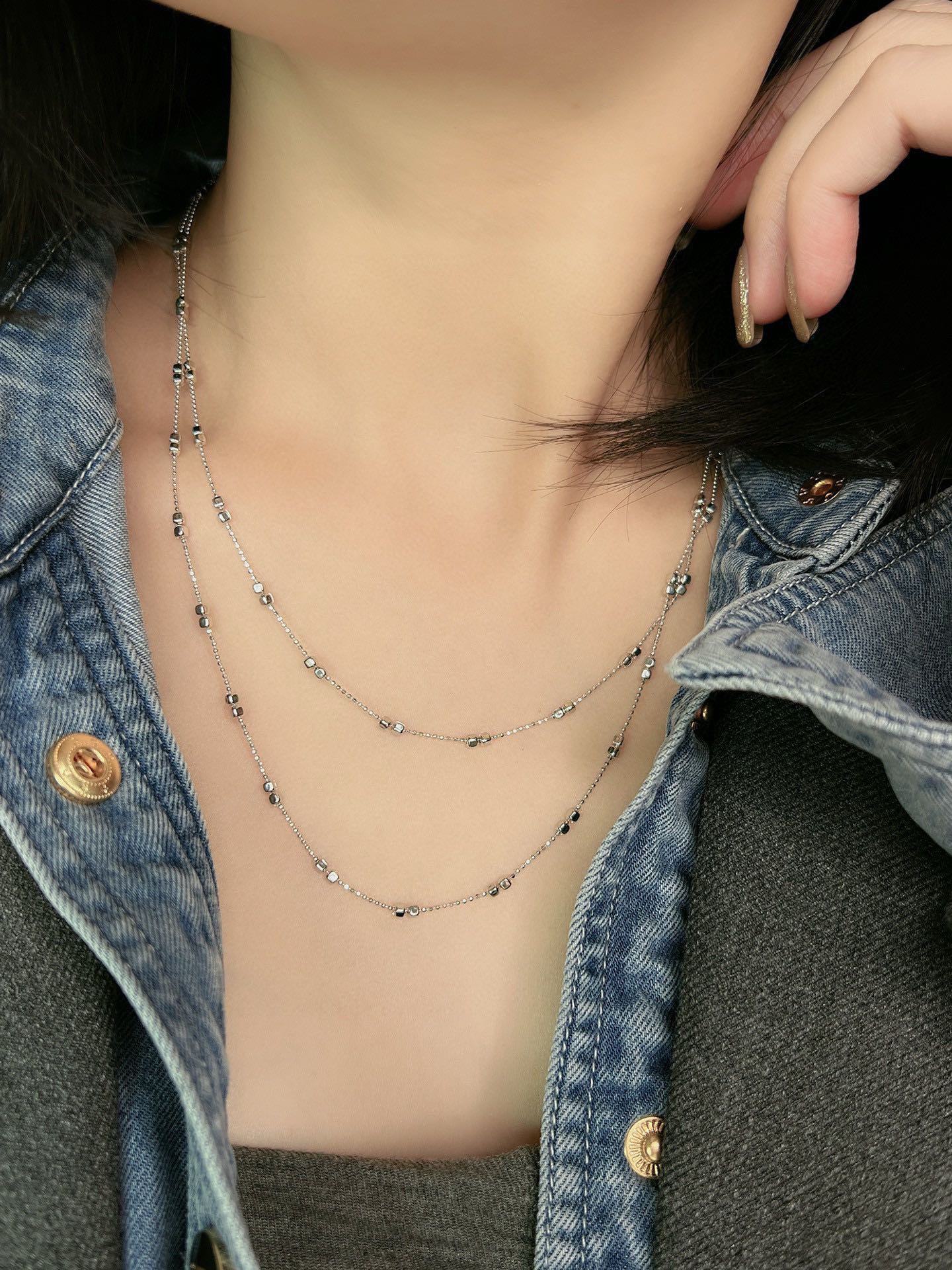 链子925银 双层方块隔断豆粒CNC扣精工项链T71239高级轻奢时尚