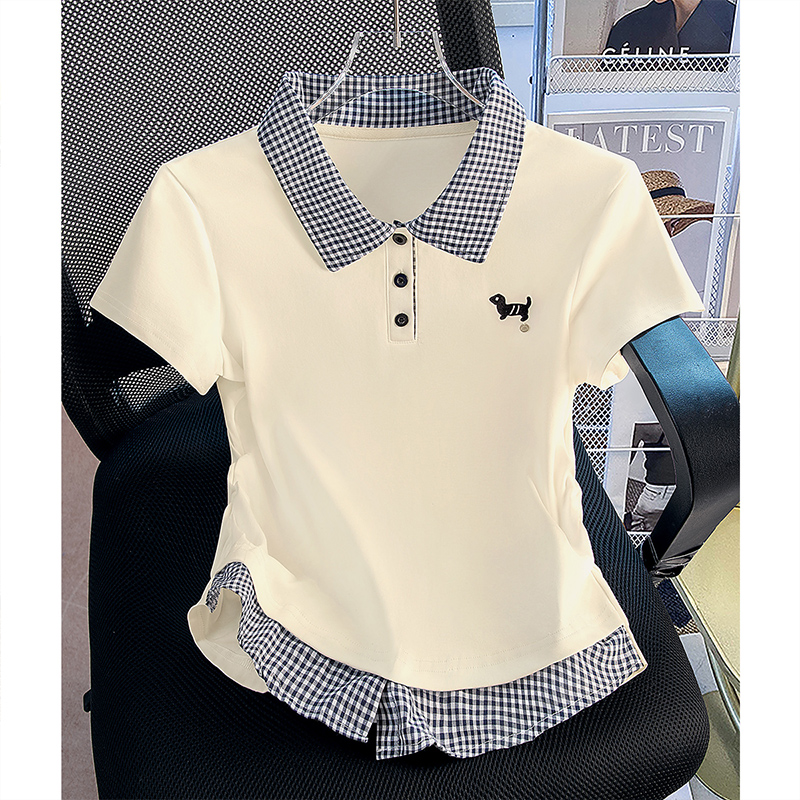 丝柏舍2025夏季新款女装时尚修身简约翻领拼接短袖T恤S52X4940T