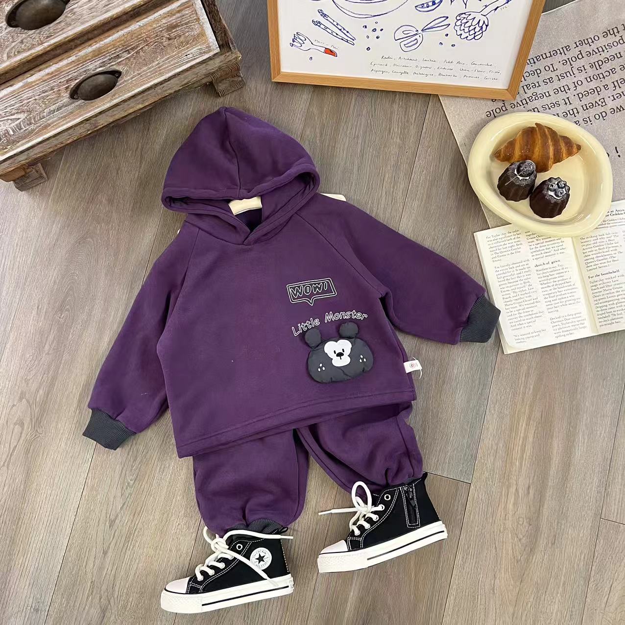 儿童秋冬韩版卡通立体公仔加绒连帽卫衣两件套H1732
