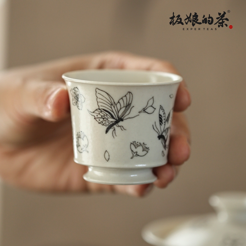 板娘的茶 景德镇全手高温瓷南唐尔雅蝶恋花小高足单杯40ml