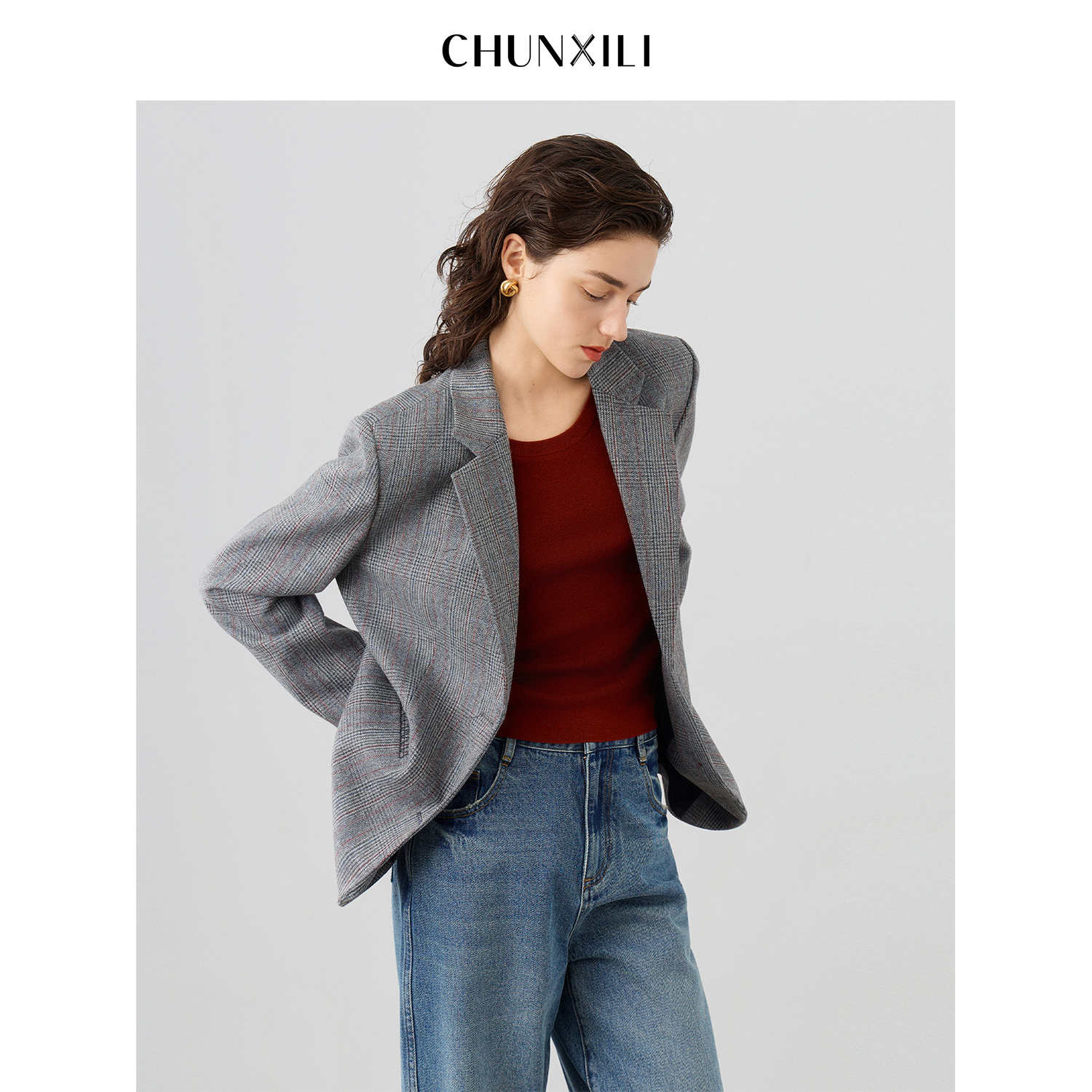 温莎公爵CHUNXILI/春熙里 秋季时尚格纹西装中长款外套D04W53038