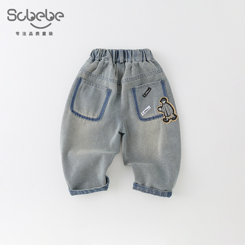 SCBEBE儿童牛仔裤春季新款男童洋气拼色后兜贴标裤子CK016