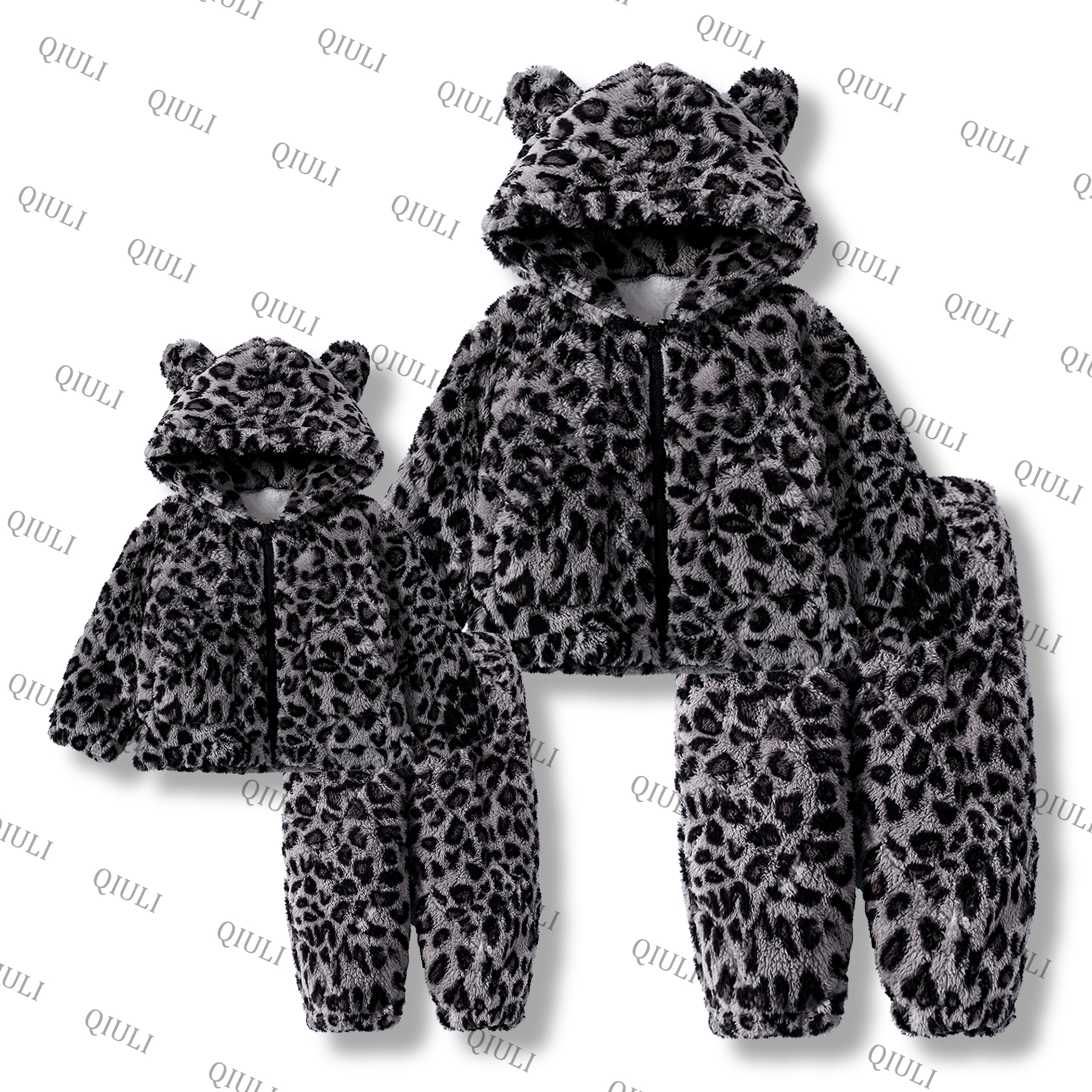 【QIULI】冬季三层夹棉“灰色豹纹”暖绒加厚休闲保暖亲子家居服套装