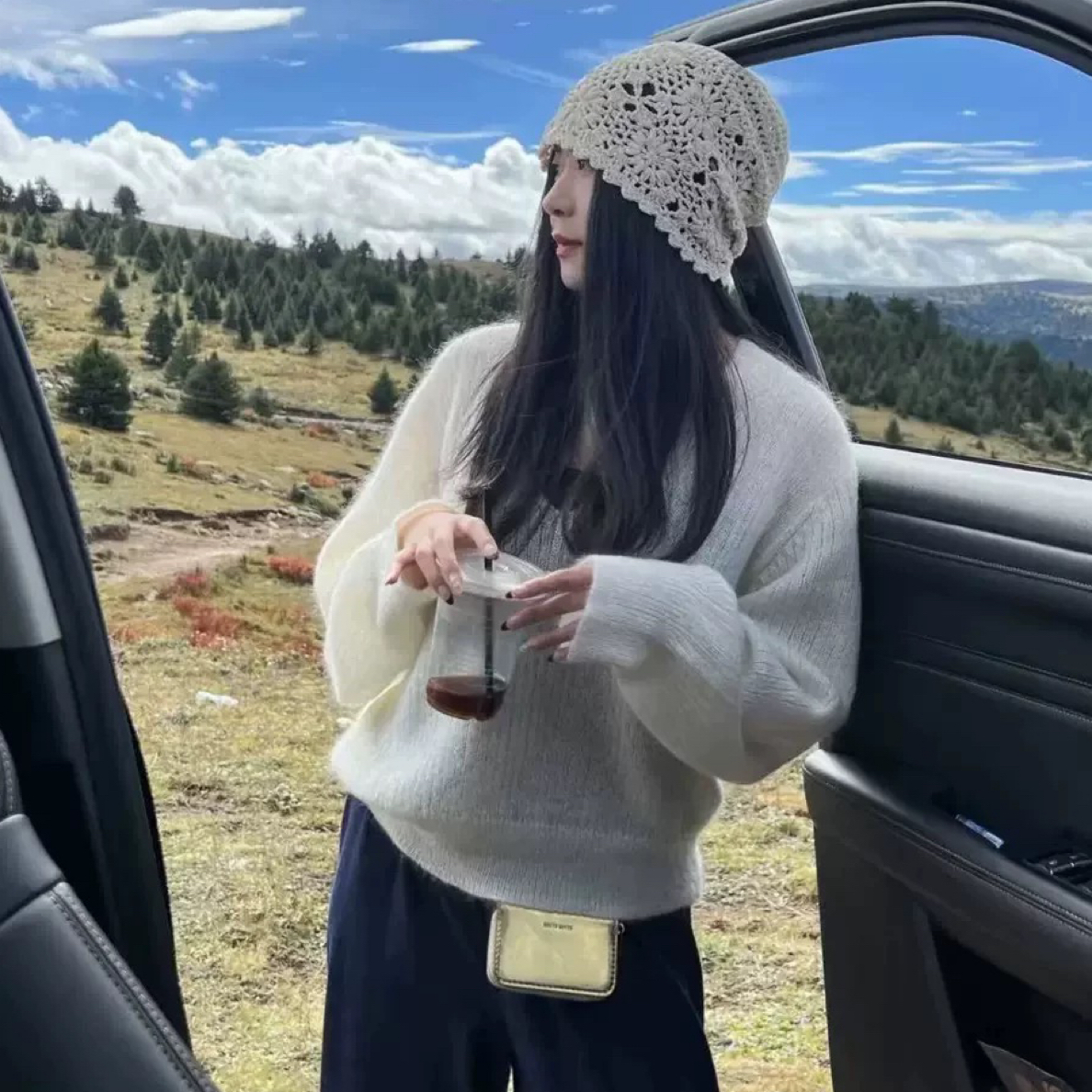 鞠婧祎同款 cashmere法客订单 优雅手工钩花羊绒帽子女镂空秋冬季