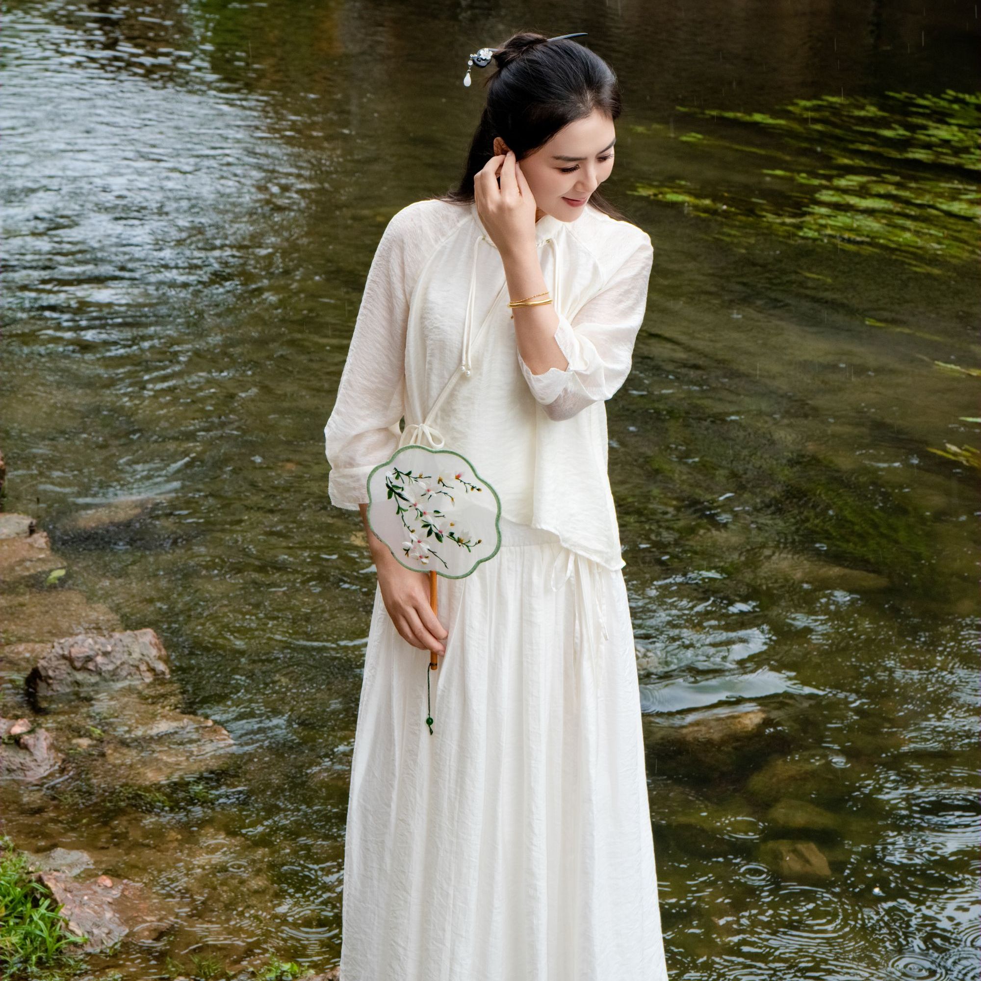 国绫新中式素纱禅衣双层裙宽松显瘦松弛感日常国风白色上衣裙子