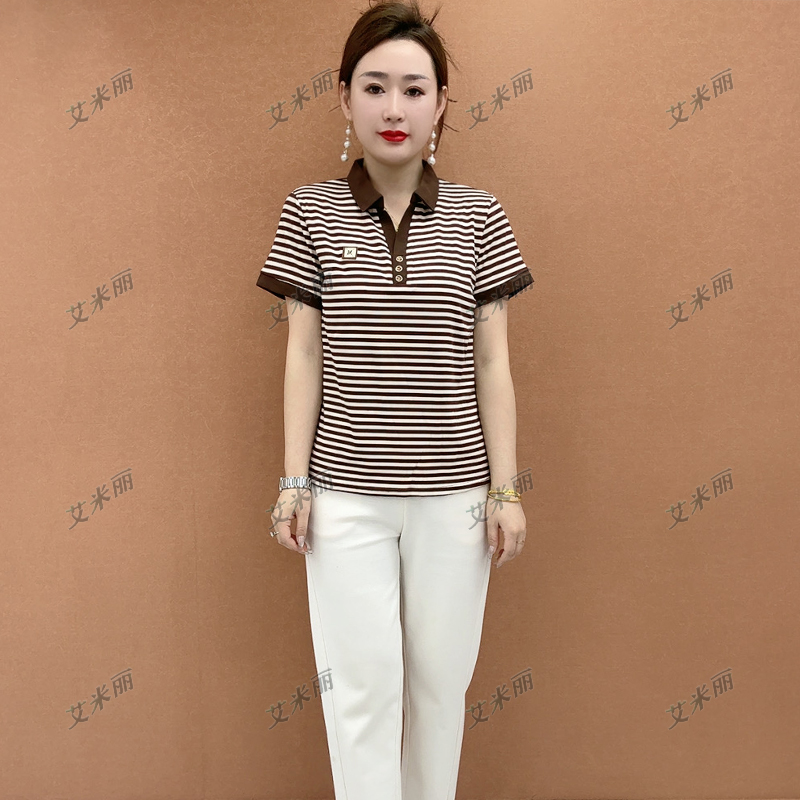 新款高档女装夏季时尚翻领条纹短袖T恤POLO休闲新款宽松百搭上衣