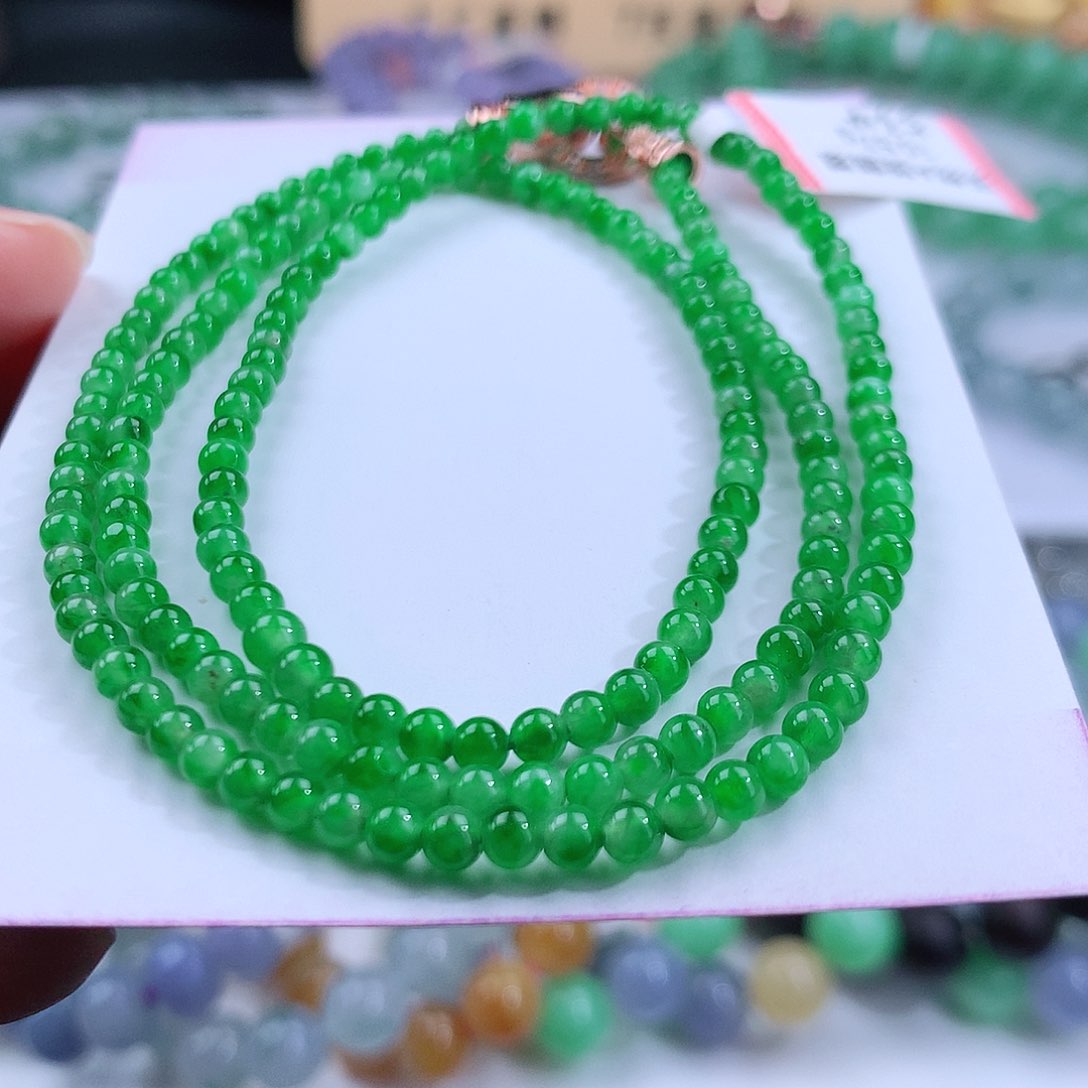 翡翠手链未镶嵌卡3.2mm冰胶飘辣阳绿小米珠