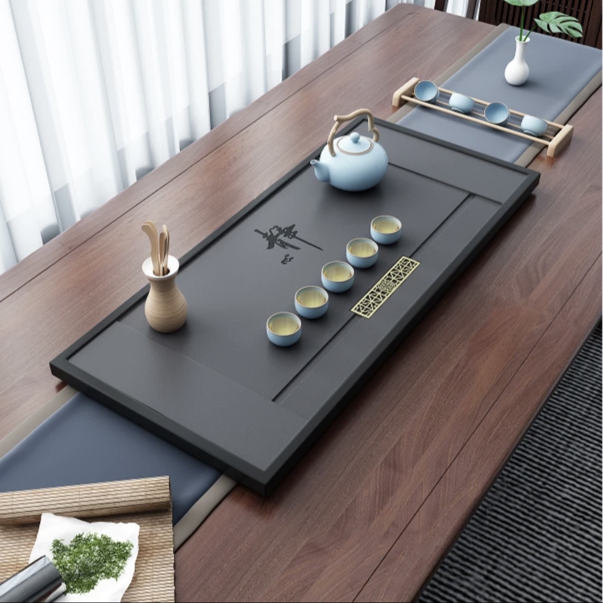 新款静心石茶盘干湿两用光滑面直排下水家用客厅茶盘办公阳台茶几