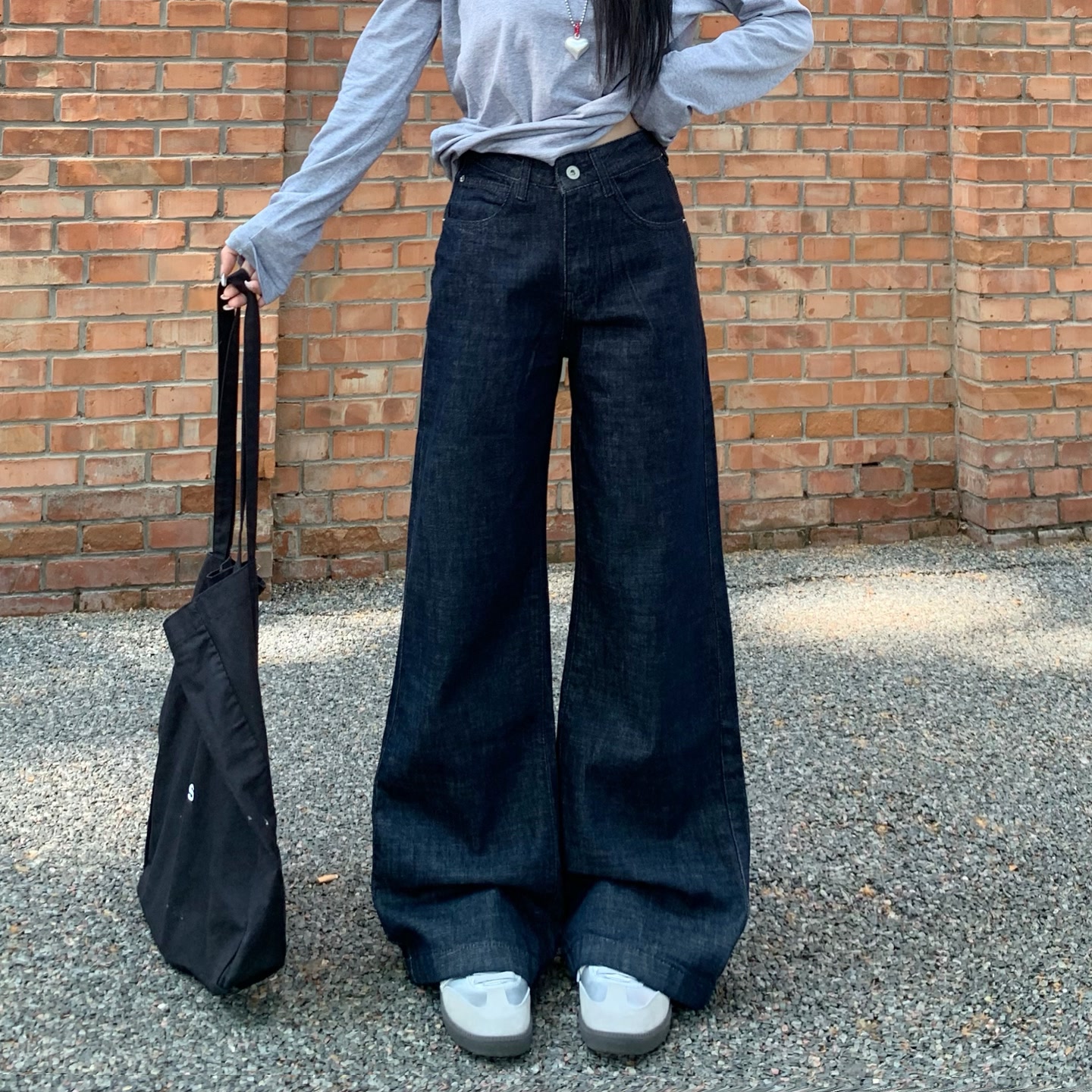 3MER 窄版深蓝色原牛直筒牛仔裤女秋季新款宽松阔腿裤子