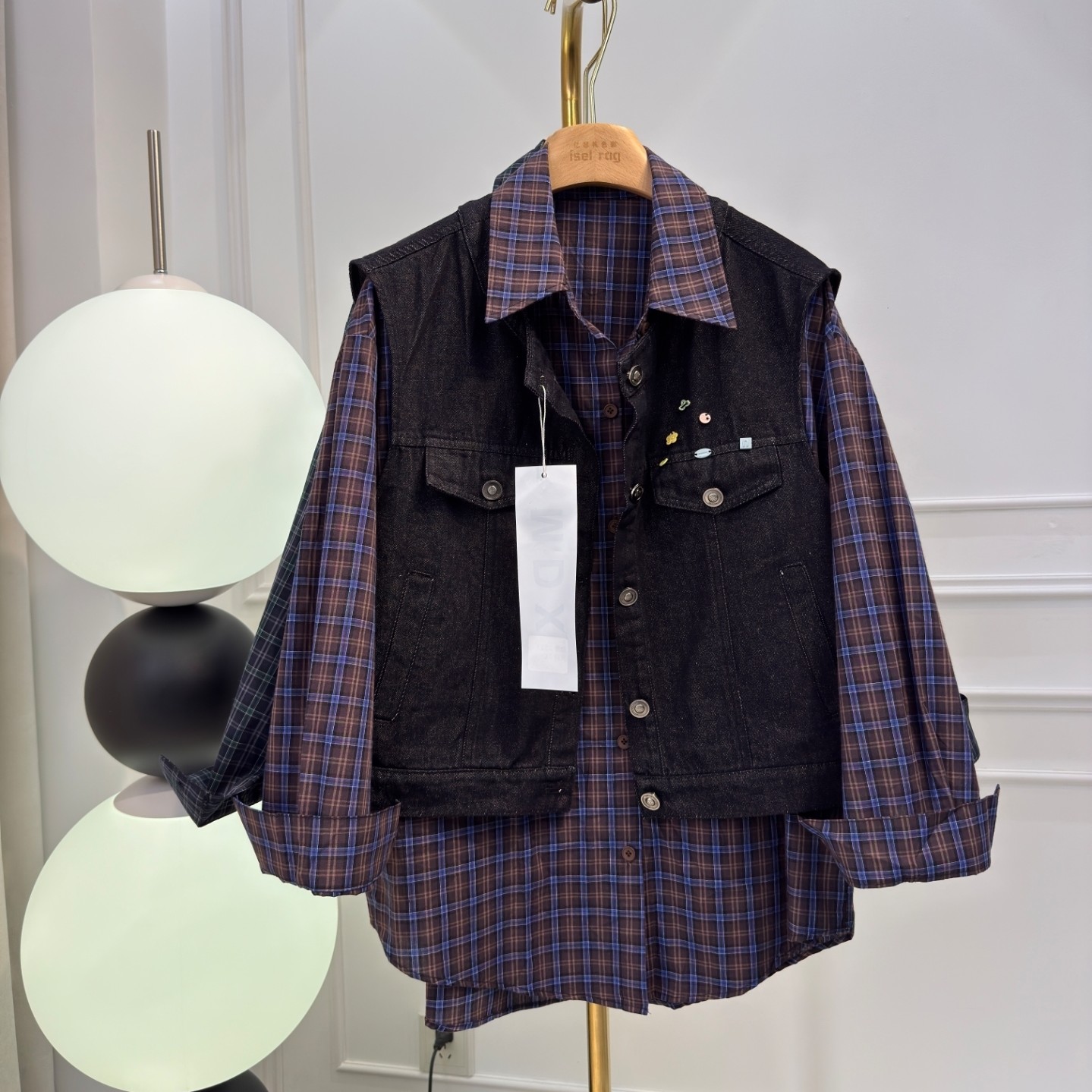 iselrag《亿瑟礼色彩》女装新款牛仔马甲+格子长袖衬衫衬衣两件套