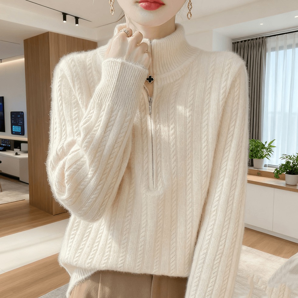 时尚POLO领羊绒衫女款半拉链半高领时尚减龄厚款气质针织羊毛衫女