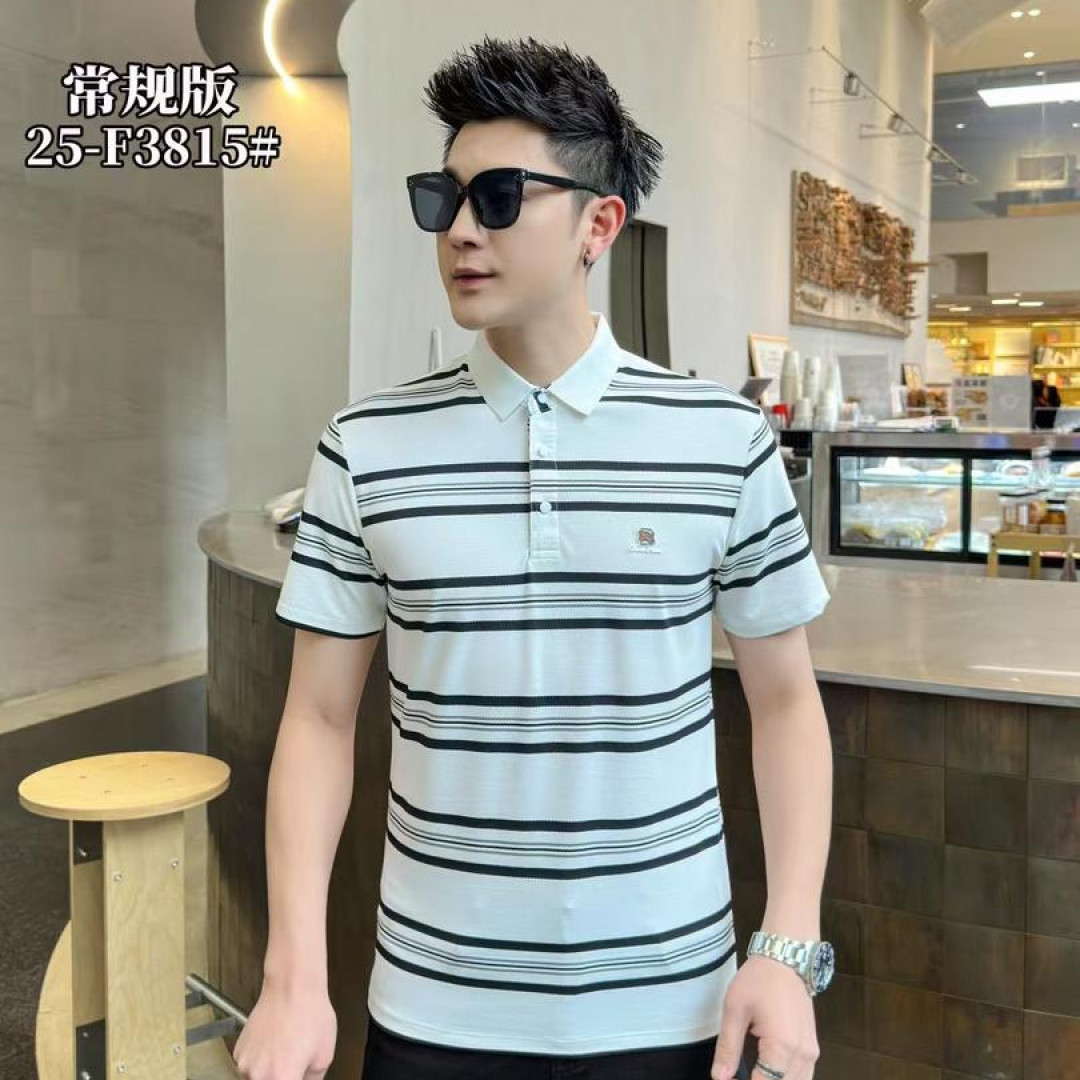 夏季男士质感丝光棉色织细条翻领短袖Polo衫百搭条纹高品质3815