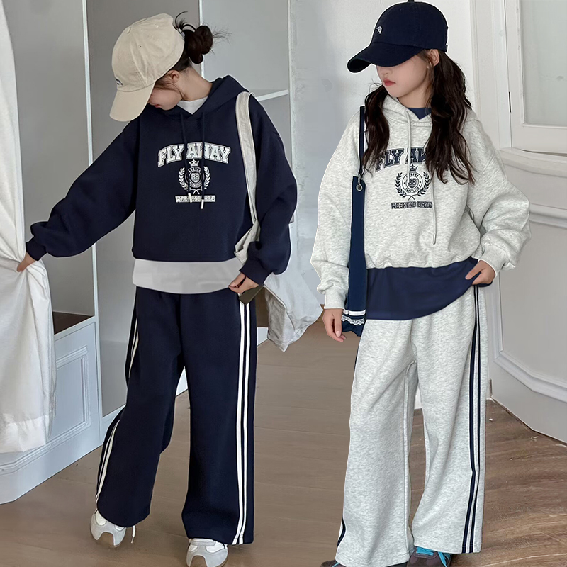 女童秋季套装新款女孩洋气卫衣长裤打底衫三件套童装裤子连帽休闲