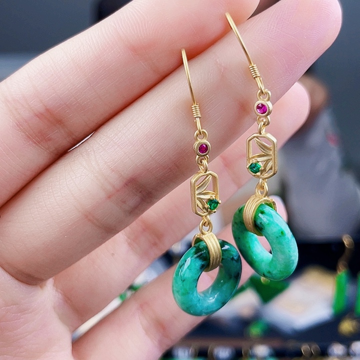 翡翠耳饰银S925镶嵌饰品