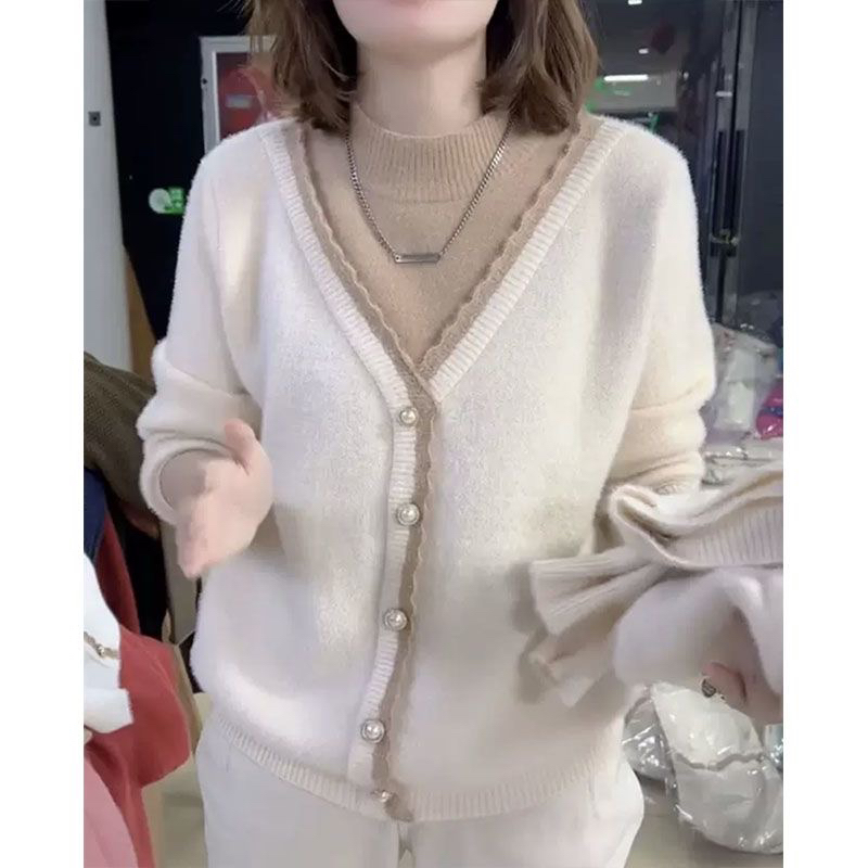 冬款加厚半高领假两件毛衣女韩版宽松显瘦保暖针织衫时尚百搭打底