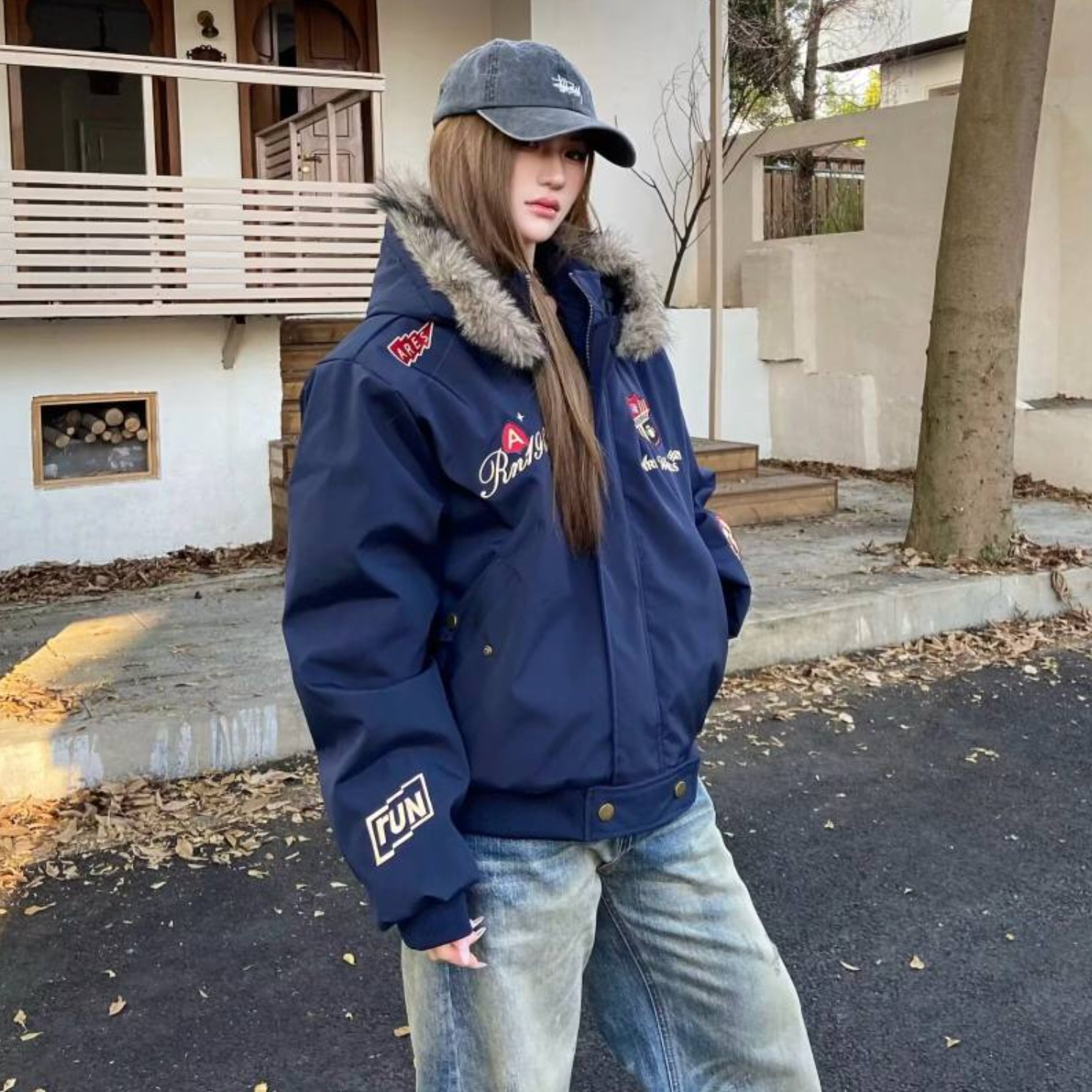 014连帽-情侣款美式复古刺绣徽章座山雕加厚保暖连帽棉衣外套冬