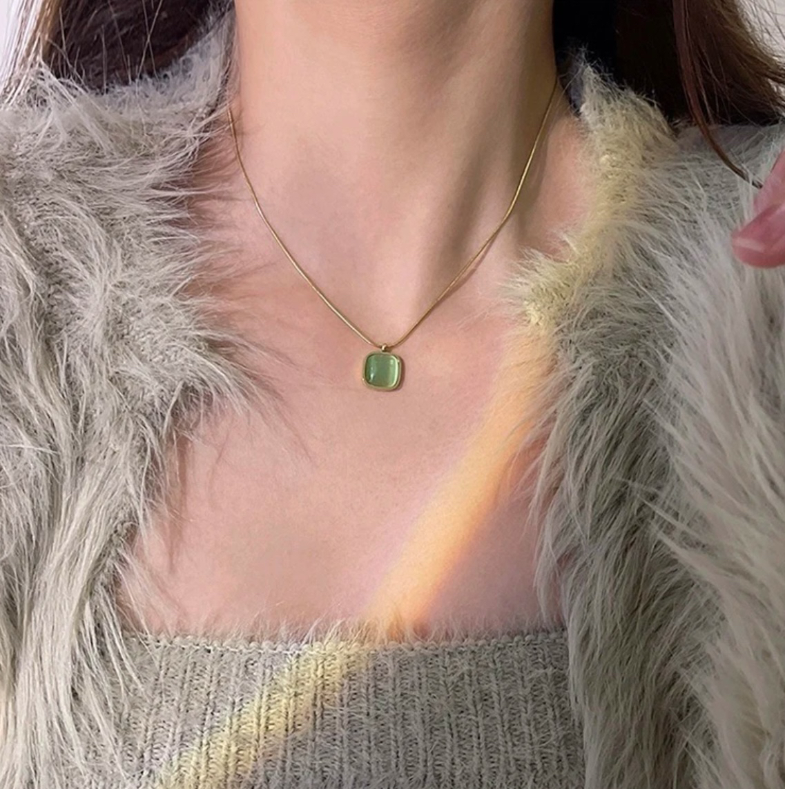 钛钢项链 1655青苹果绿色方糖甜美风项链简单韩系清爽毛衣链