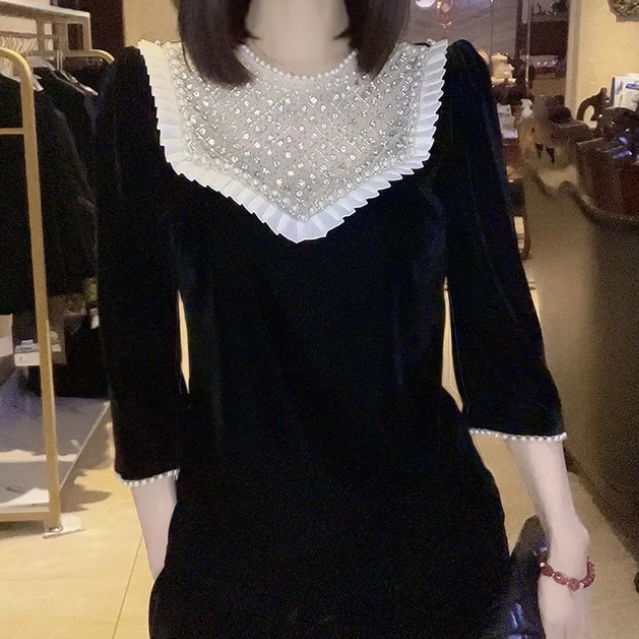 欧货高端重工钉珠丝绒衬衫女秋新气质小衫上衣显瘦时尚显瘦打底衫