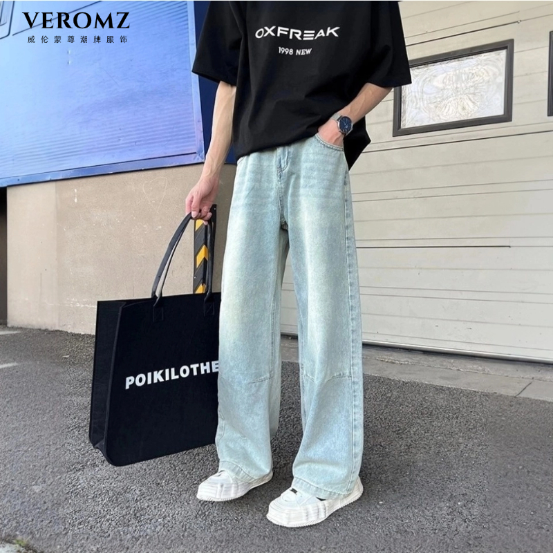 VEROMZ浅蓝水洗做旧直筒牛仔裤男潮牌美式复古阔腿宽松百搭休闲裤