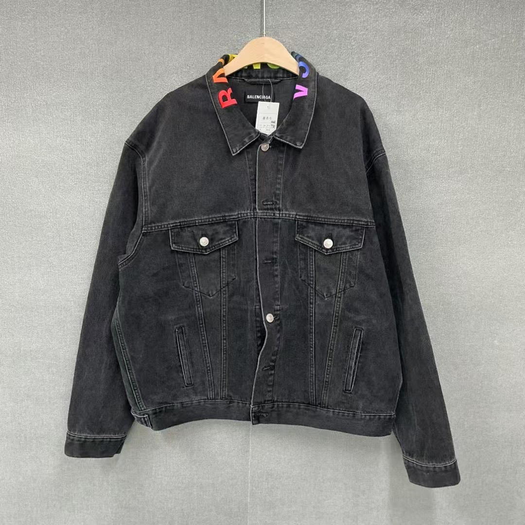 99新 Balenciaga/巴黎世家 领口彩虹刺绣logo牛仔夹克外套/48码