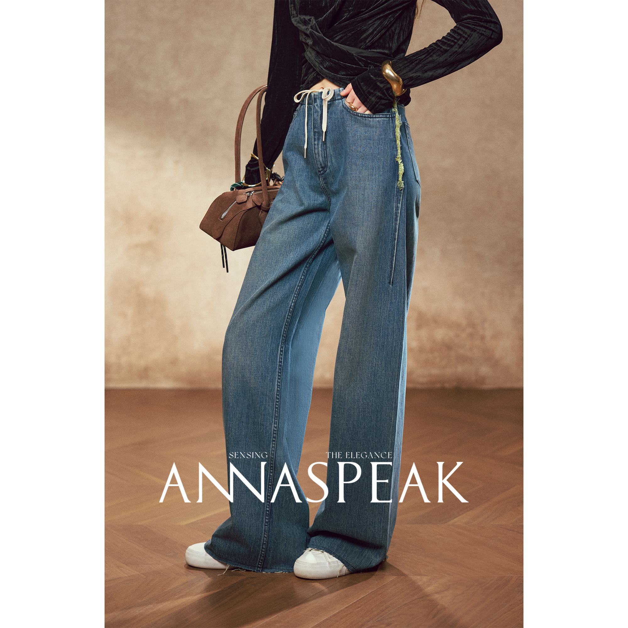 ANNASPEAK MIU系撞色长腿神器一片式无侧缝醋酸棉直筒宽松牛仔裤