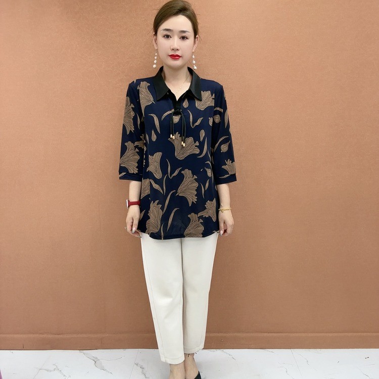 早秋新款翻领花七分袖套头衬衫中老年女装洋气妈妈时尚显年轻