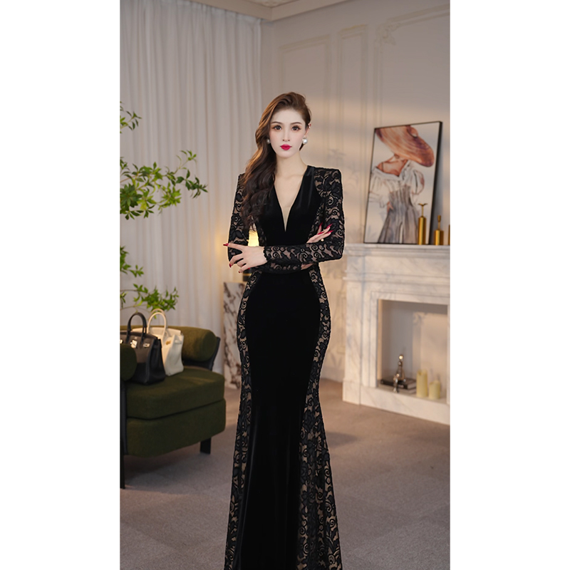 尤克菲儿 原创高定轻奢丝绒蕾丝裙气质优雅修身显瘦高腰连衣裙