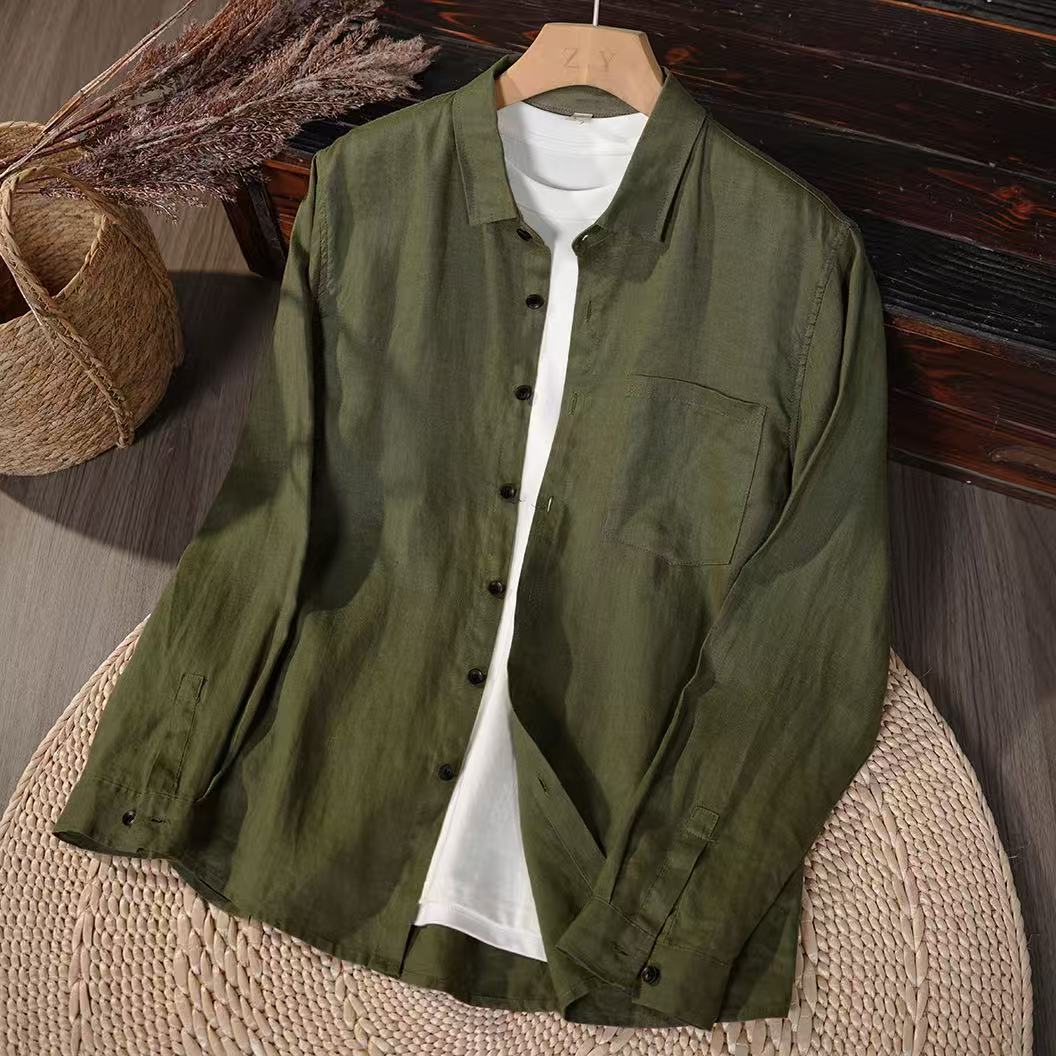 高档亚麻翻领长袖衬衫麻布男装100%全麻料透气大码百搭衬衣老钱风