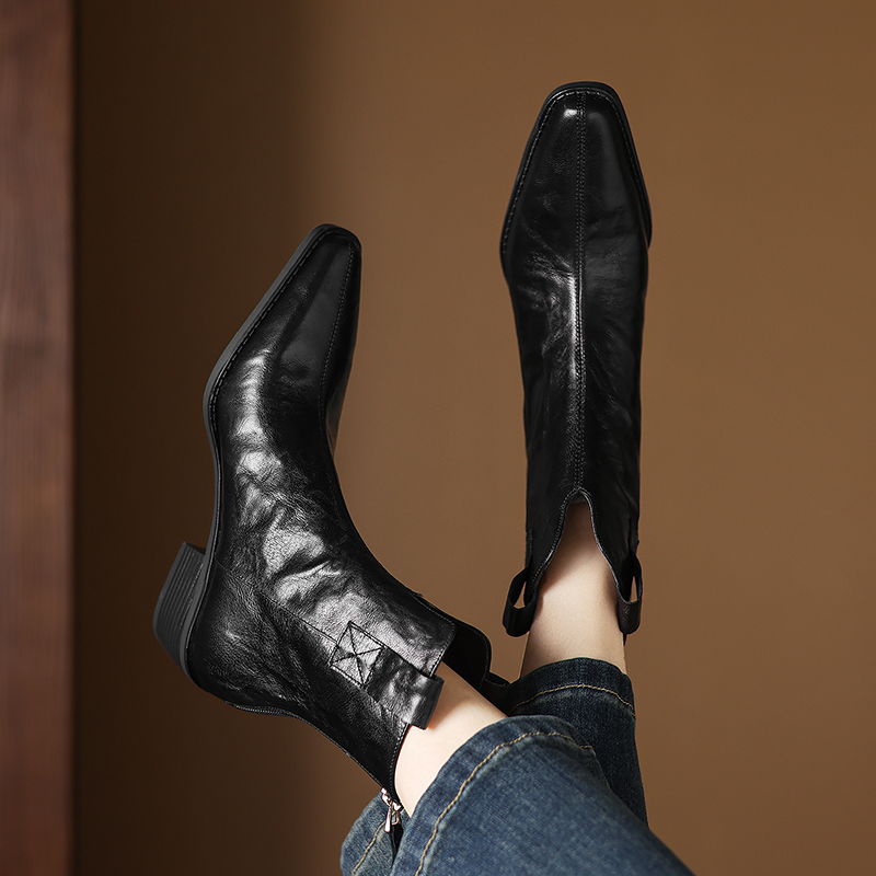 羊皮5cm 粗跟方头英伦风真皮瘦瘦靴秋 冬真皮百搭时尚高跟短靴子