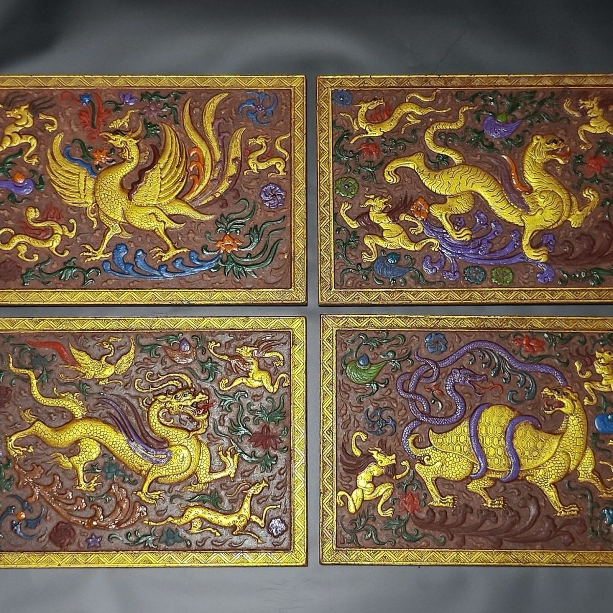 古玩鎏金彩绘四大神兽