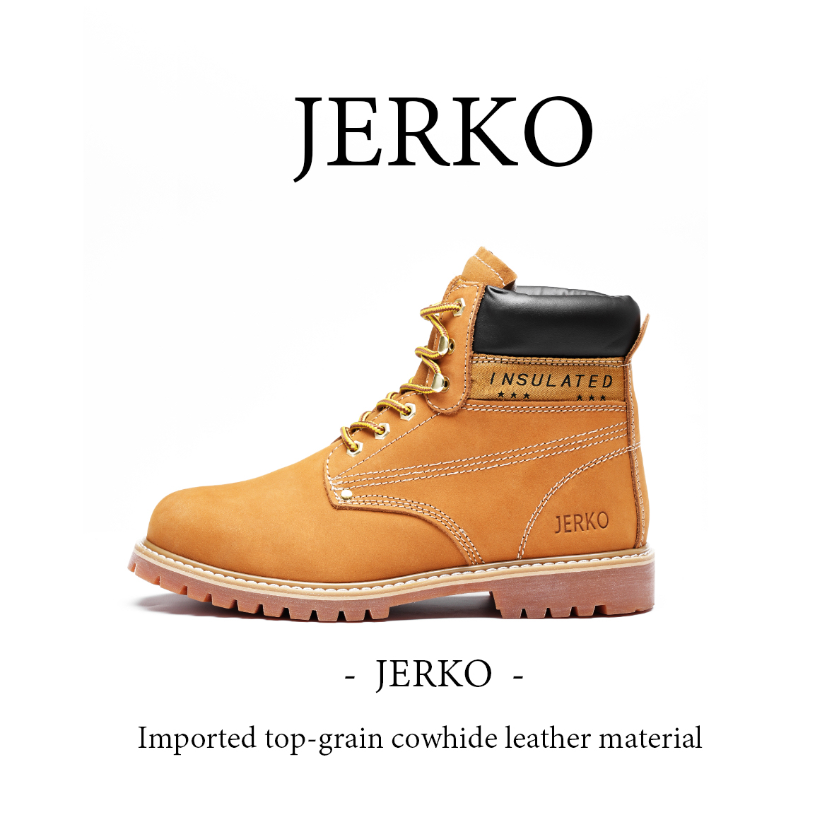 JERKO增高头层牛皮大黄靴男女款户外中帮英伦马丁靴男士马丁靴