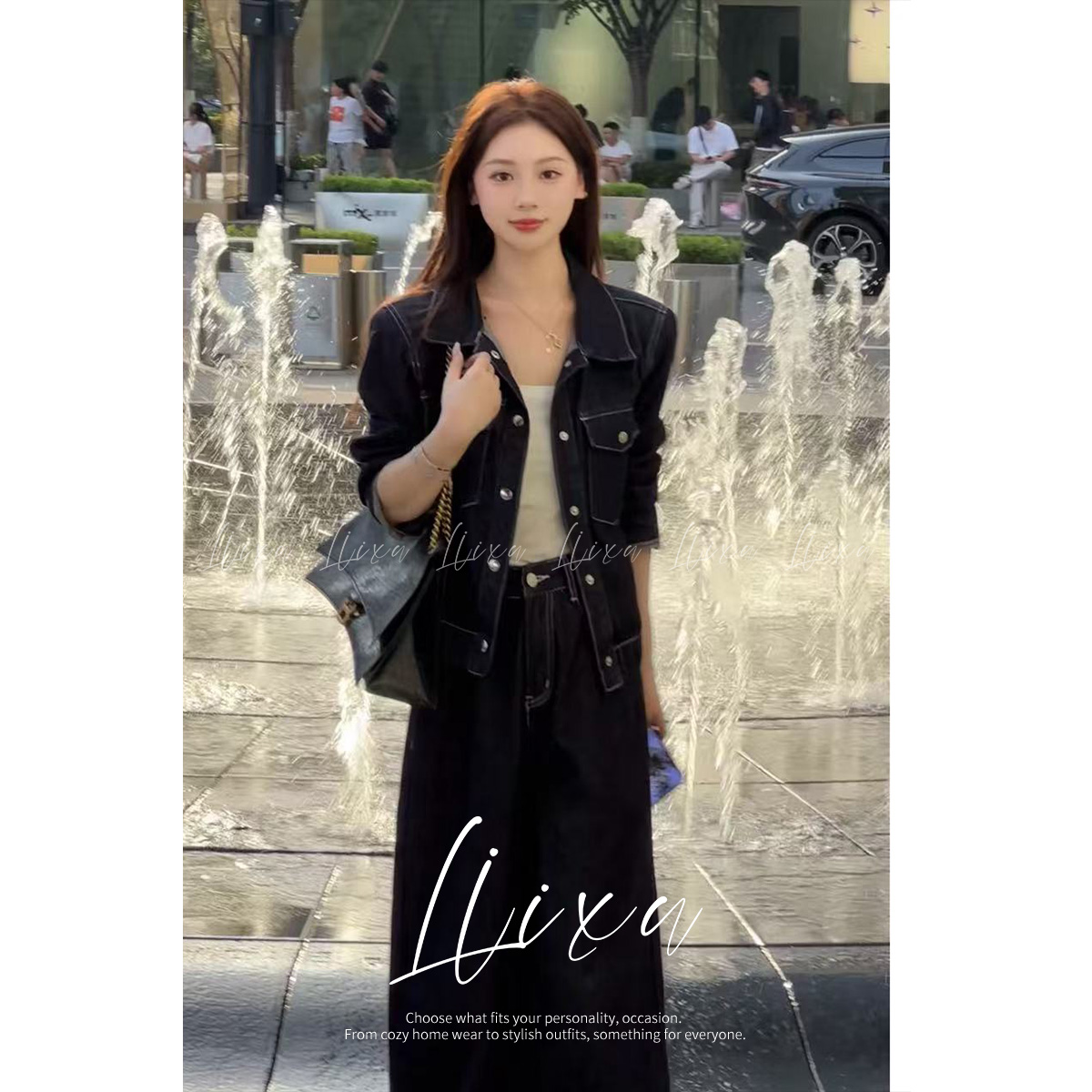 Liixu港风复古牛仔套装女时髦洋气短外套阔腿裤气质套装24TZ098