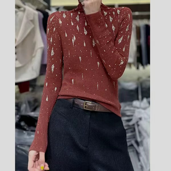 高货~胸86-150长62修身套头高领烫钻设计感气质针织上衣 3284