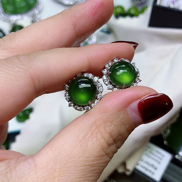 可****蛇纹石玉银S925镶嵌耳坠