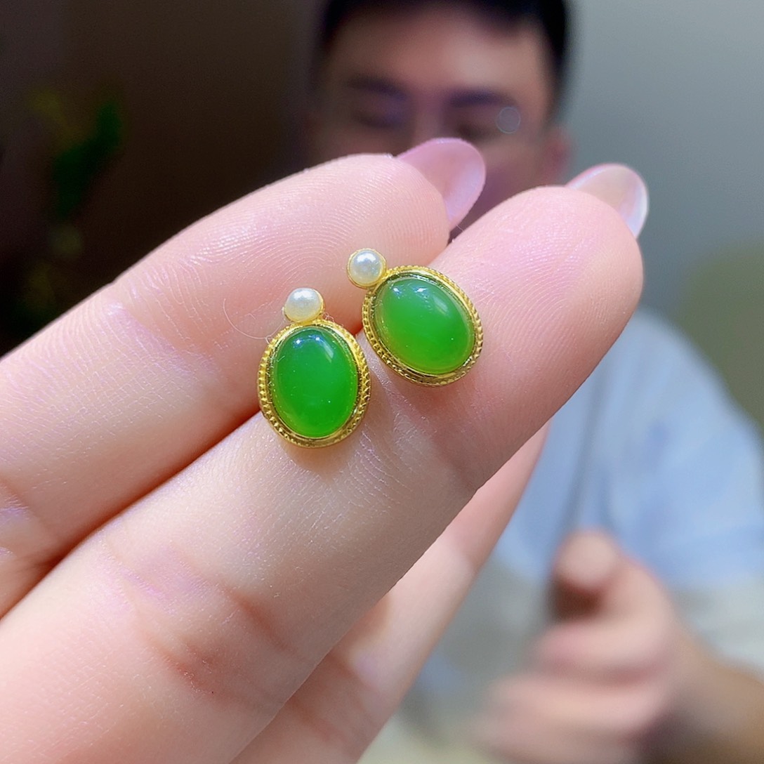 银S925镀金镶嵌和田玉（碧玉）耳饰