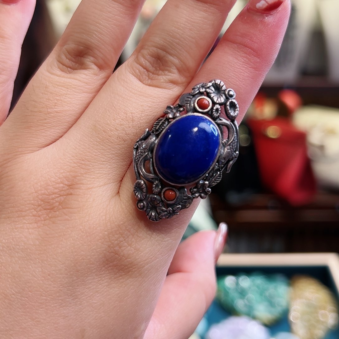 青金石戒指/指环银S925镶嵌古风