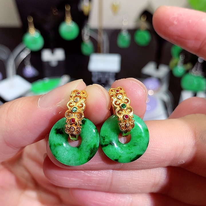翡翠银S925镶嵌耳饰天然翡翠