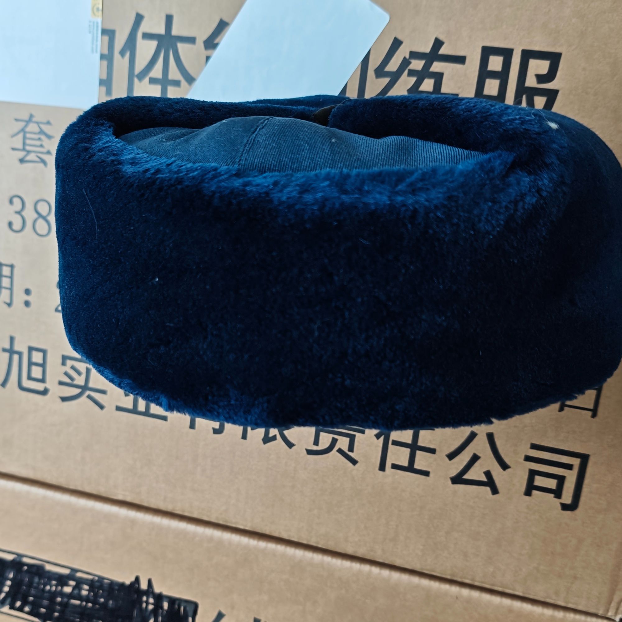 蓝色休闲毛绒无檐缝线中国风平顶帽子秋季保暖冬季棉帽