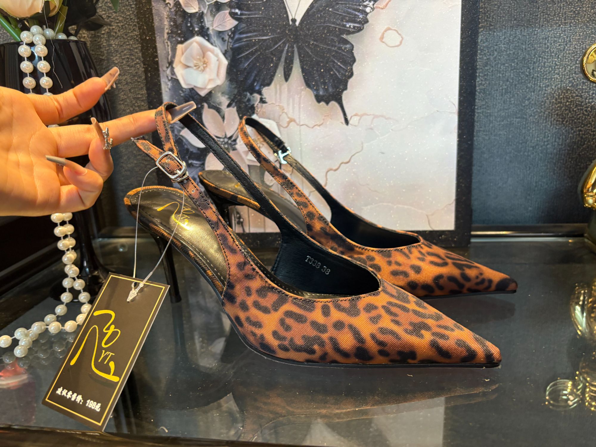 YT法式尖头豹纹高跟鞋细跟性感狂野小尖头