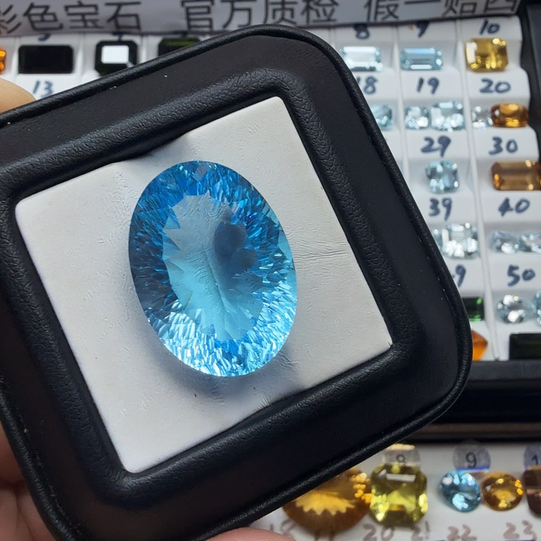 托帕石裸石抢购价精美千禧切天空蓝圣玛色卡25×18毫米