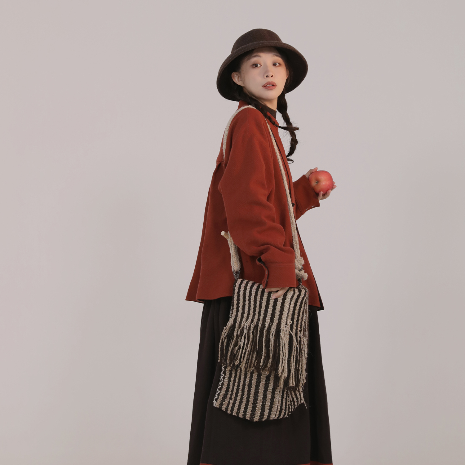 谜阿凰【乌木红棕双面穿圆领袄】原创汉服设计纯棉百搭半裙套装冬款