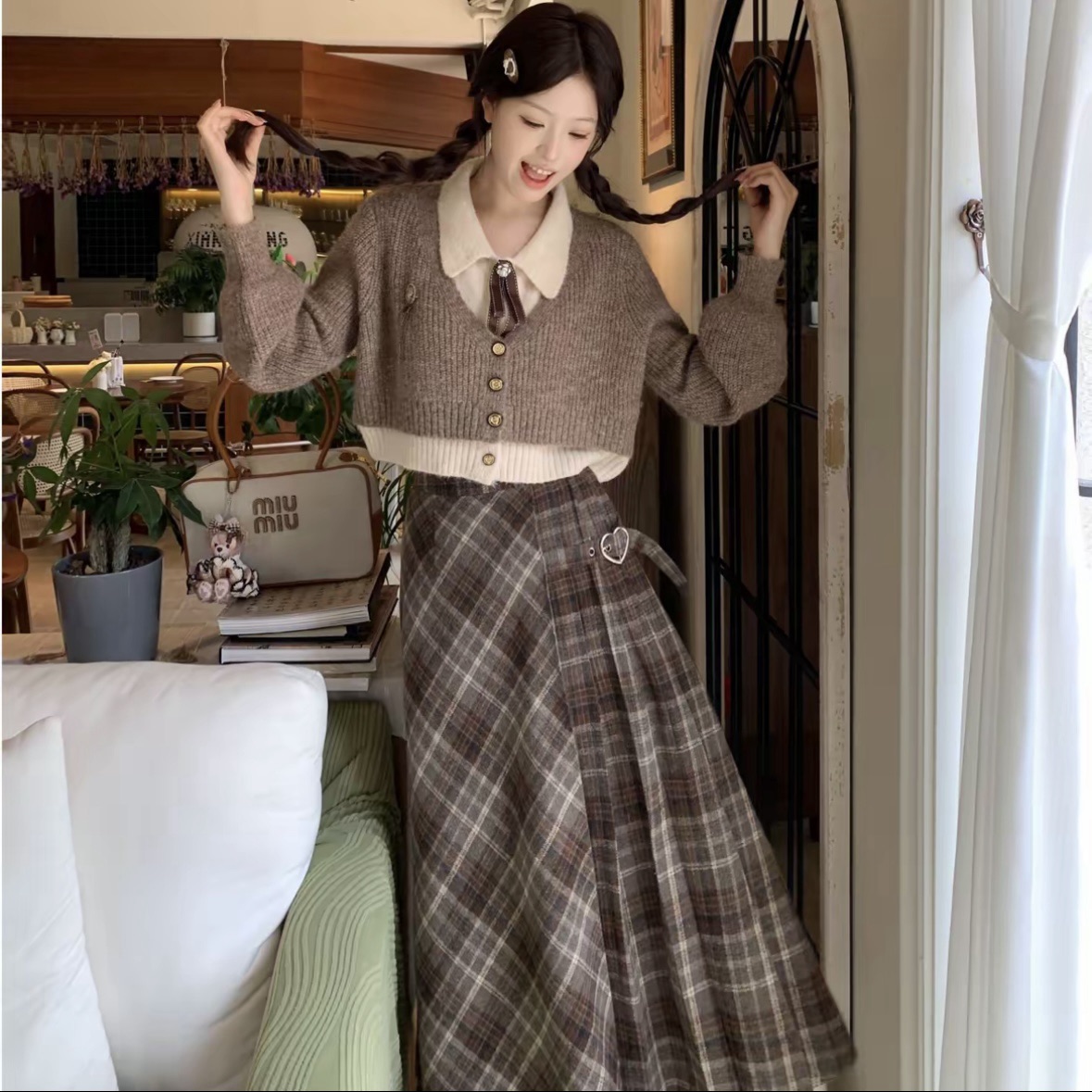 【运补6-8】【薄暮之时】秋季新款学院风温柔格纹百搭假两件针织上衣