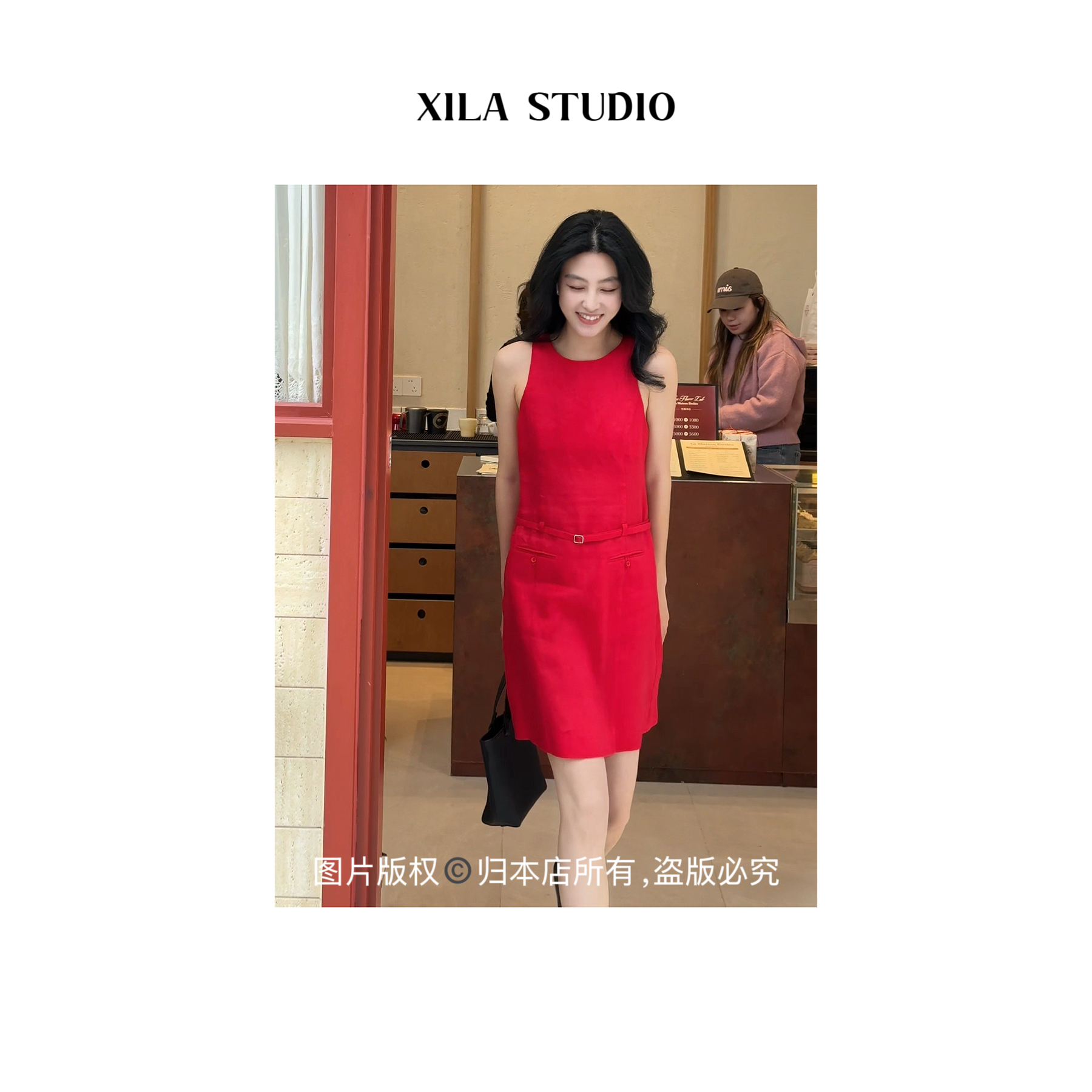 【XILA】昼颜 比利时进口亚麻交织收腰连衣裙