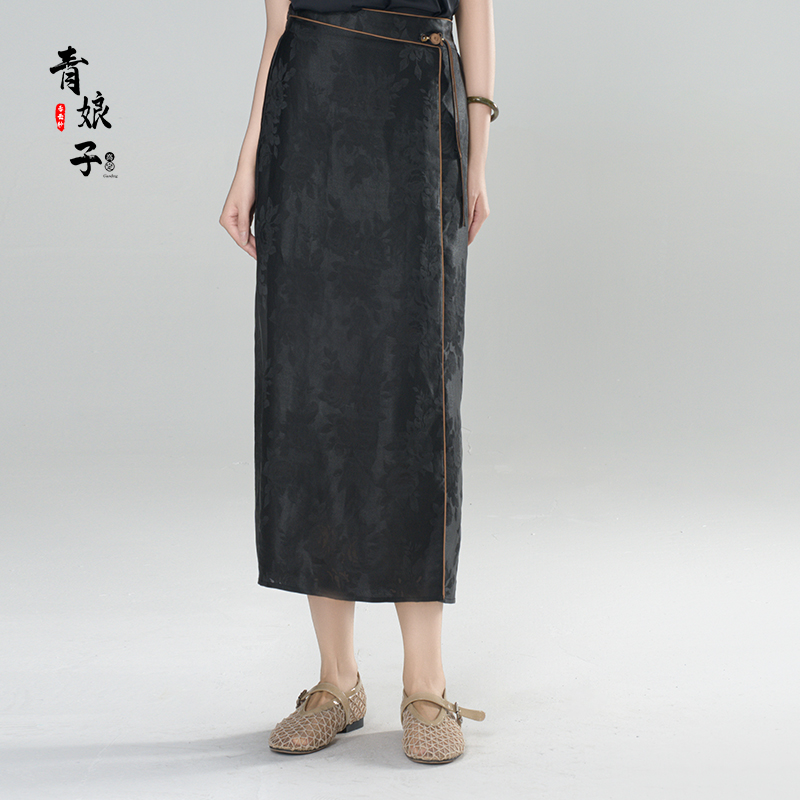 青娘子-香云纱（书然）提花花萝拼接国风百搭气质半身包臀裙60720