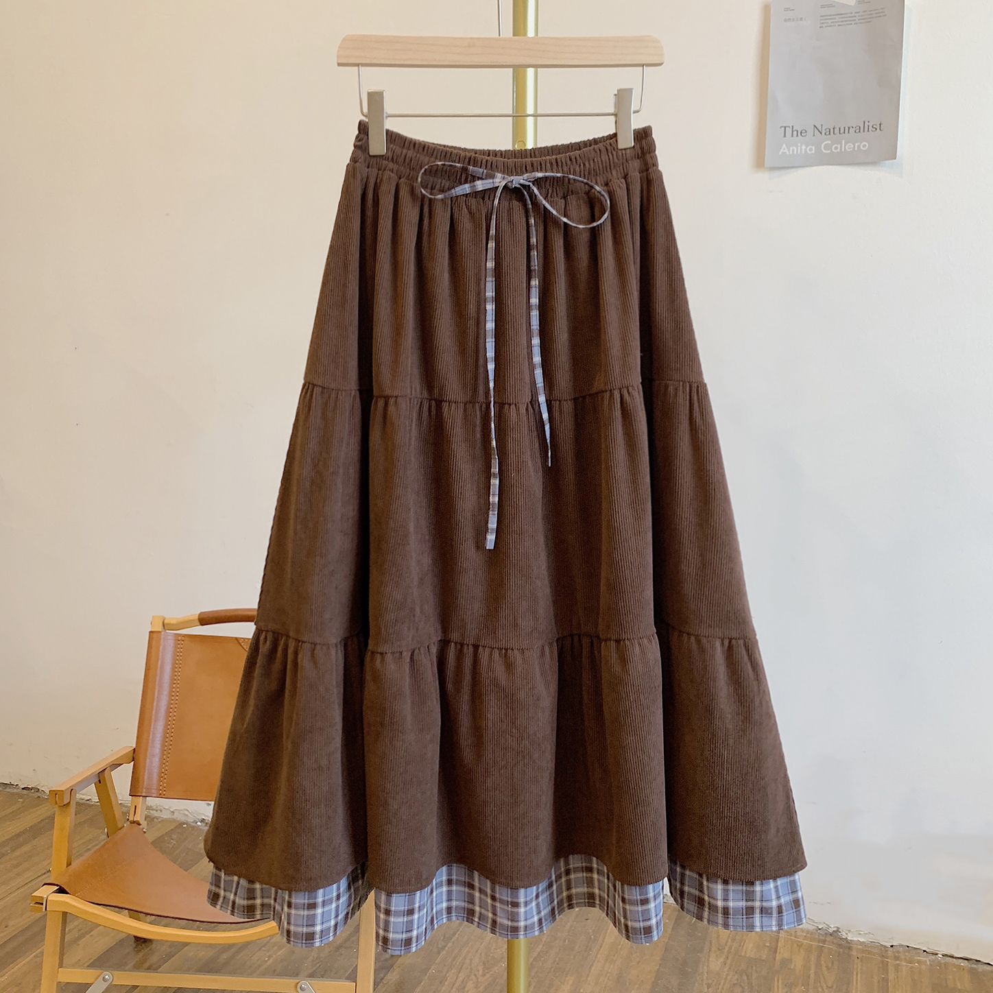 可可糖C5016灯芯绒格纹拼接松紧腰系带半身裙