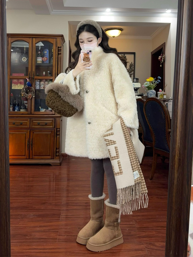 人造皮草 羊羔毛皮草大衣女冬季中长款宽松高级感气质毛绒外套
