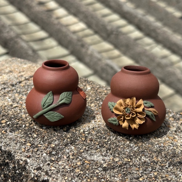 纯手工朱泥葫芦小口指尖小茶宠创意泥彩绘花瓶茶玩器摆件全手工