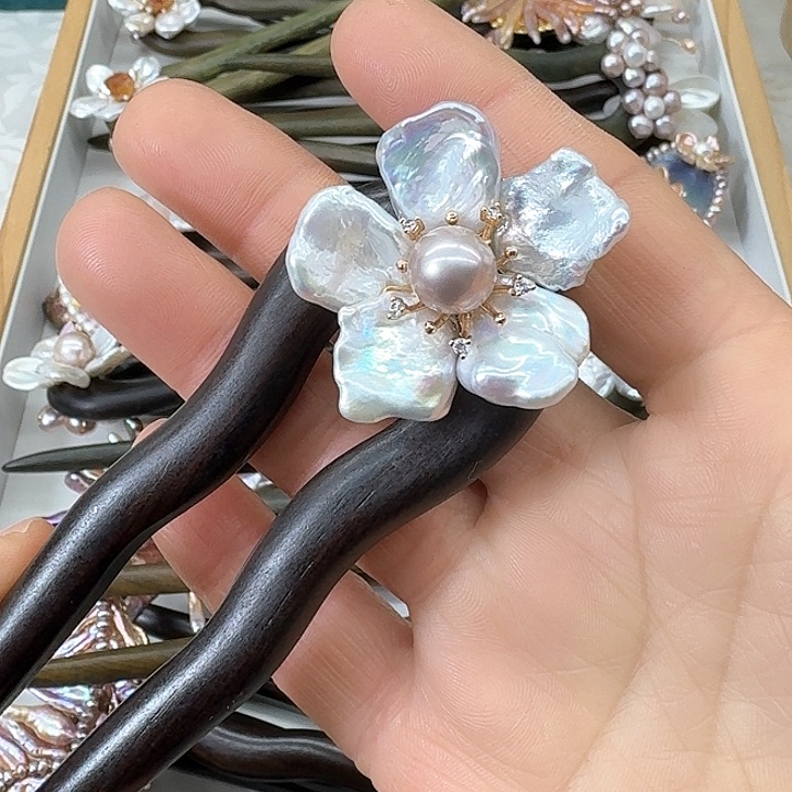 淡水珍珠发饰银S925镶嵌梦*花