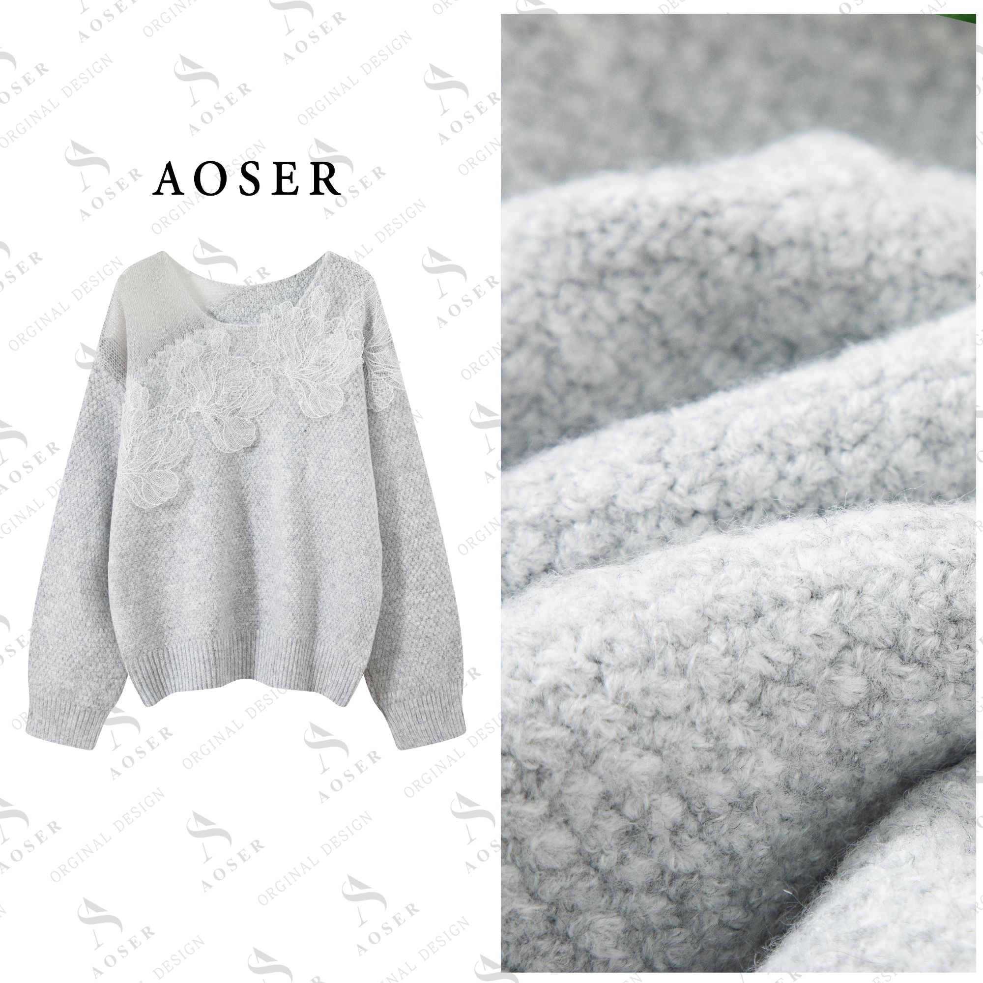 AOSER时尚百搭宽松休闲女士镂空圆领毛针织衫女装25082